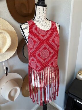 Rock & Roll Cowgirl Red Bandana Fringe Crop Tank